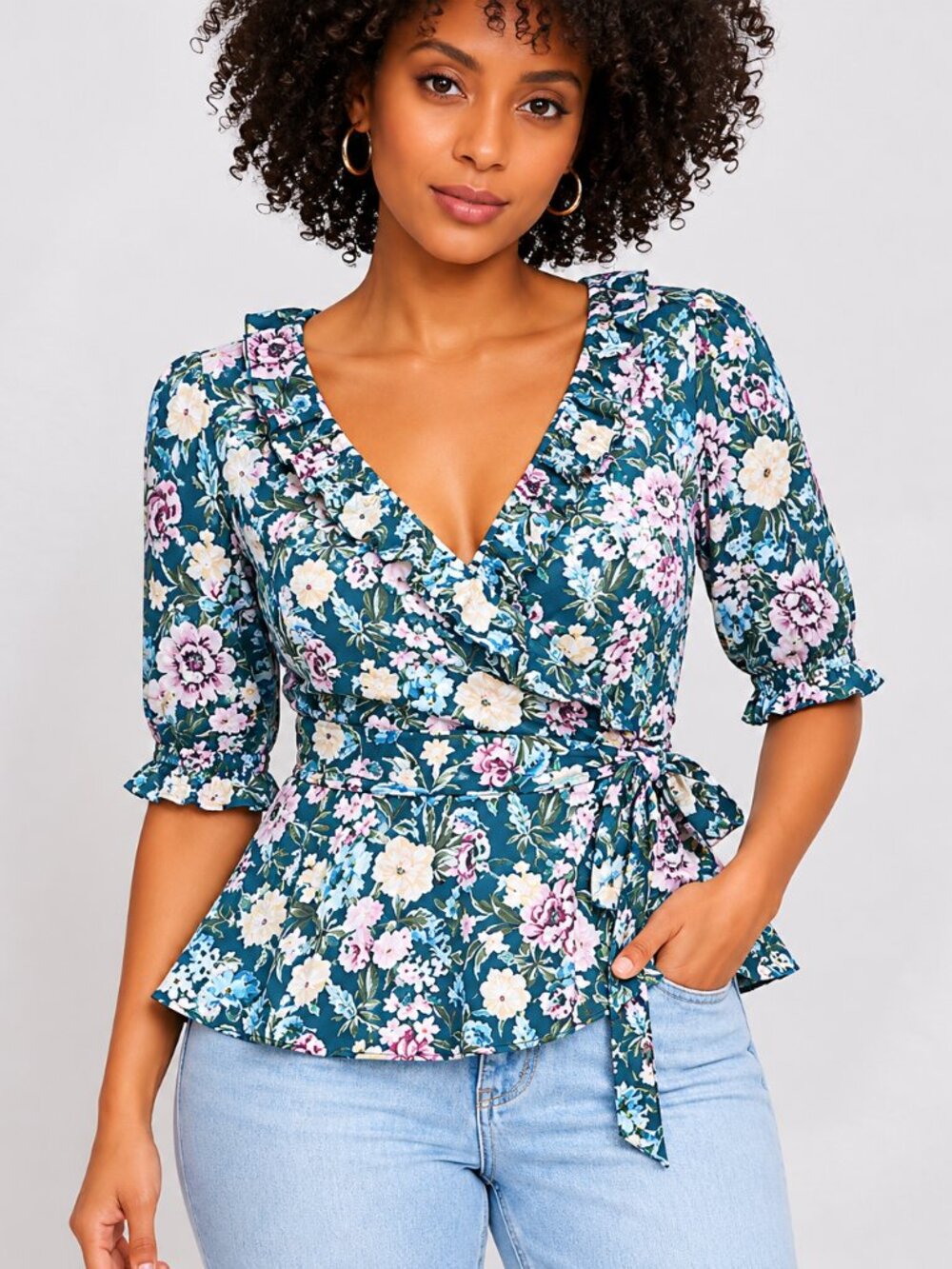 LOFT Floral Wrap Prairie Top L Blouse Tie Waist, Linen Blend, New with Tags
